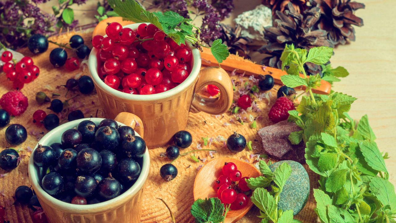 Fresh berries and herbs in wooden bowls representing antioxidant rich botanicals for blood health and natural wellness