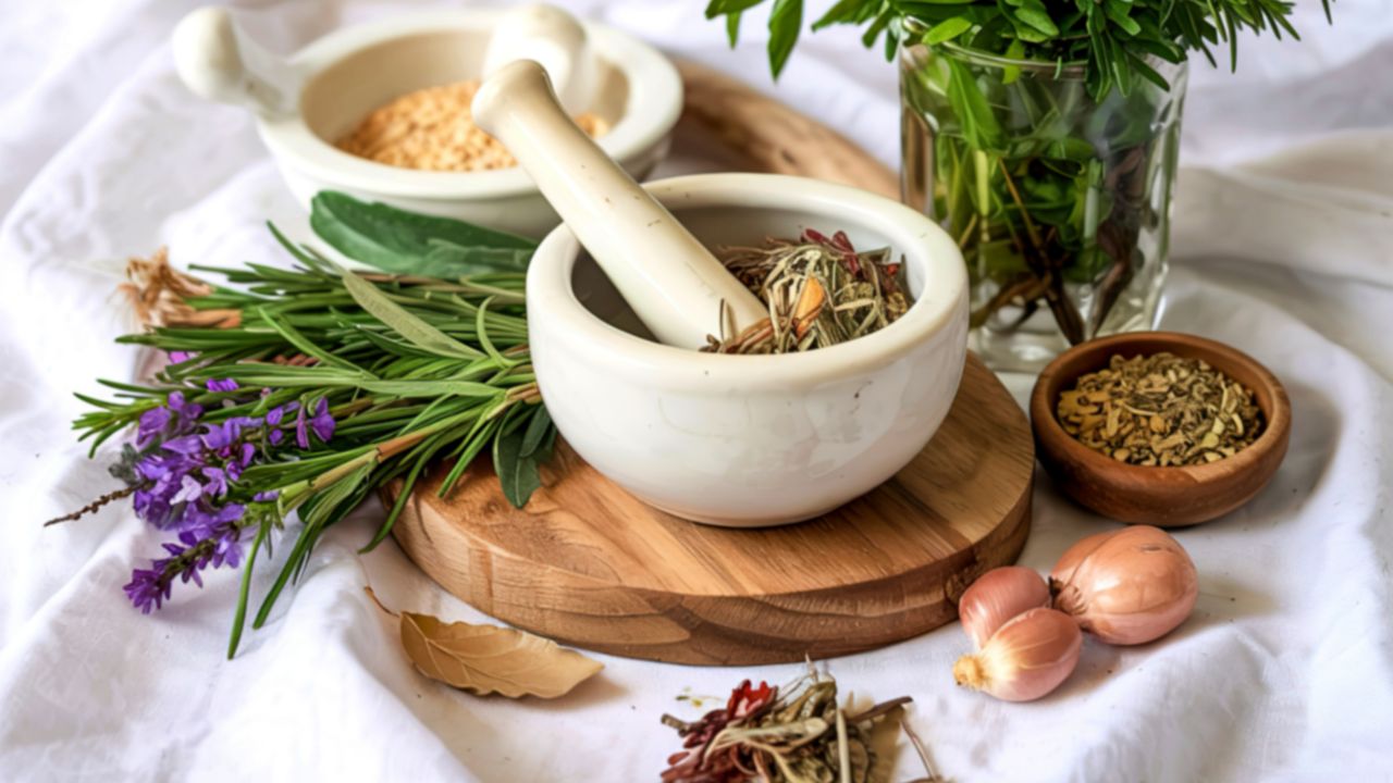 Mortar and pestle with fresh and dried herbs for natural colon health support - SpeedyVite
