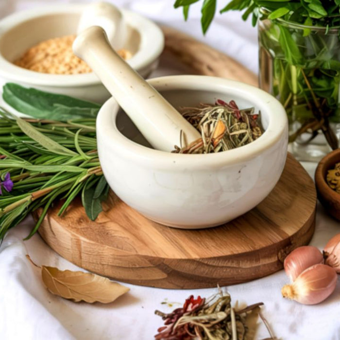 Mortar and pestle with fresh and dried herbs for natural colon health support - SpeedyVite