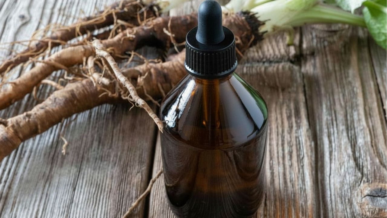 Amber herbal blood cleanser drops bottle with burdock root on rustic wood background