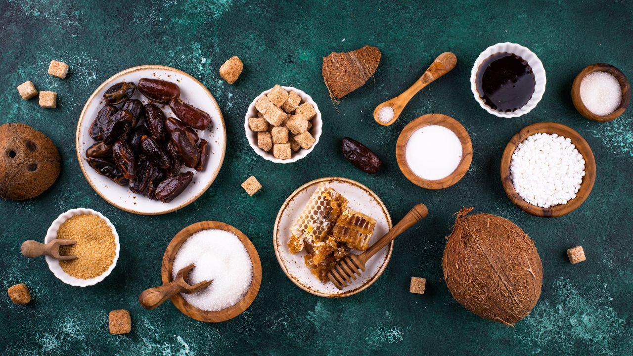 Natural sweetener varieties including dates, coconut sugar, honey, brown sugar and white sugar on dark green background