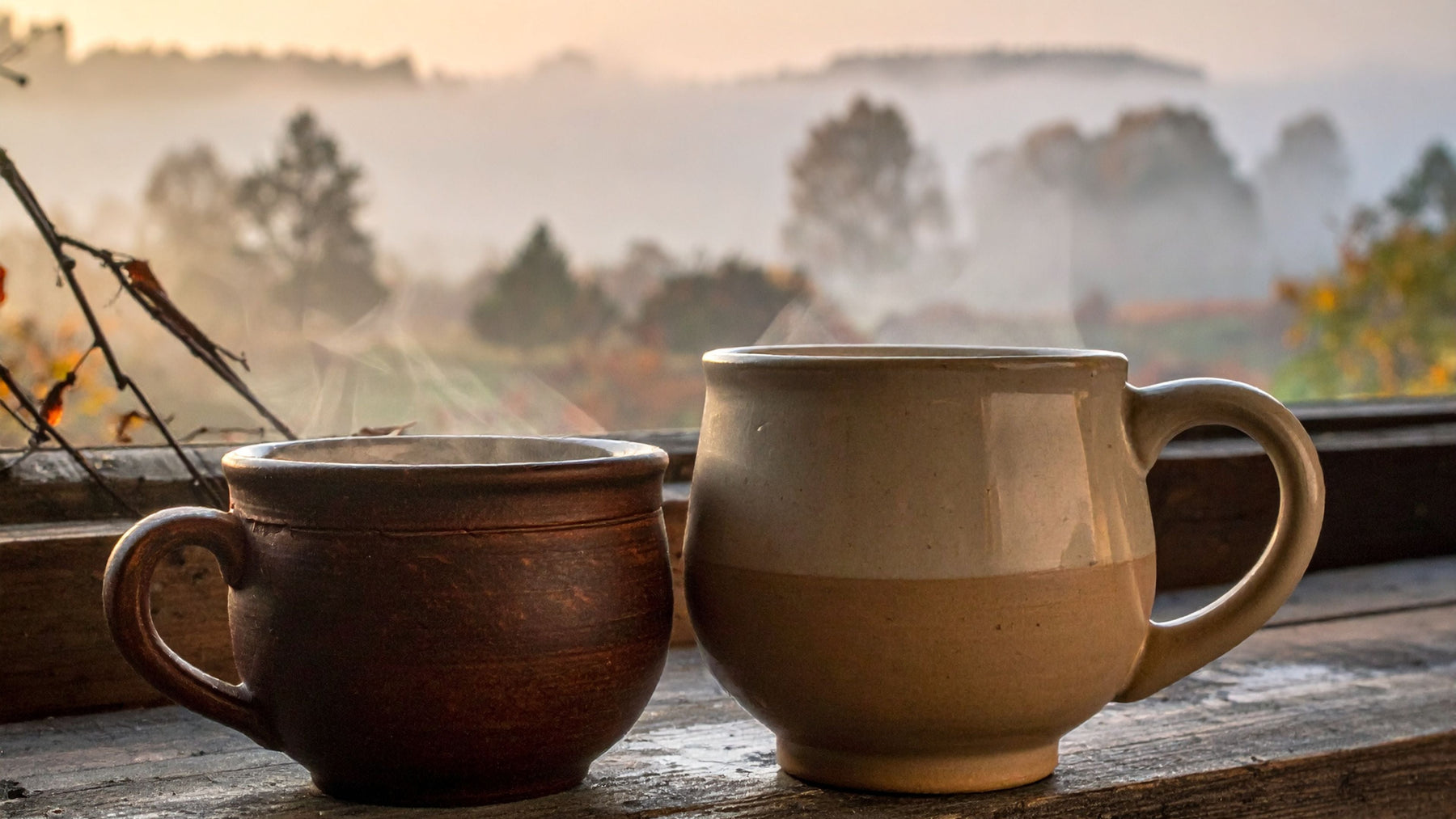 Two stoneware mugs of steaming tea on a wooden windowsill with a misty autumn landscape behind them