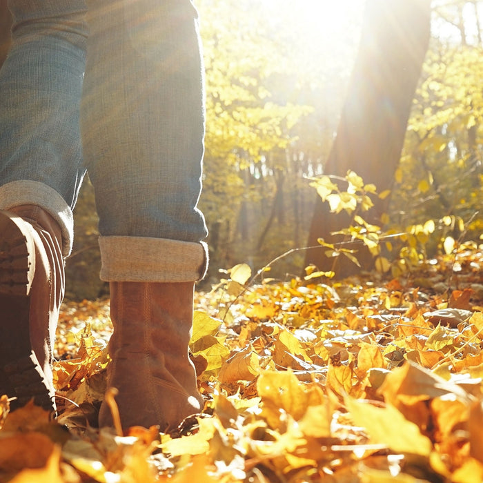 Walking boots on a path of golden autumn leaves in warm sunlight