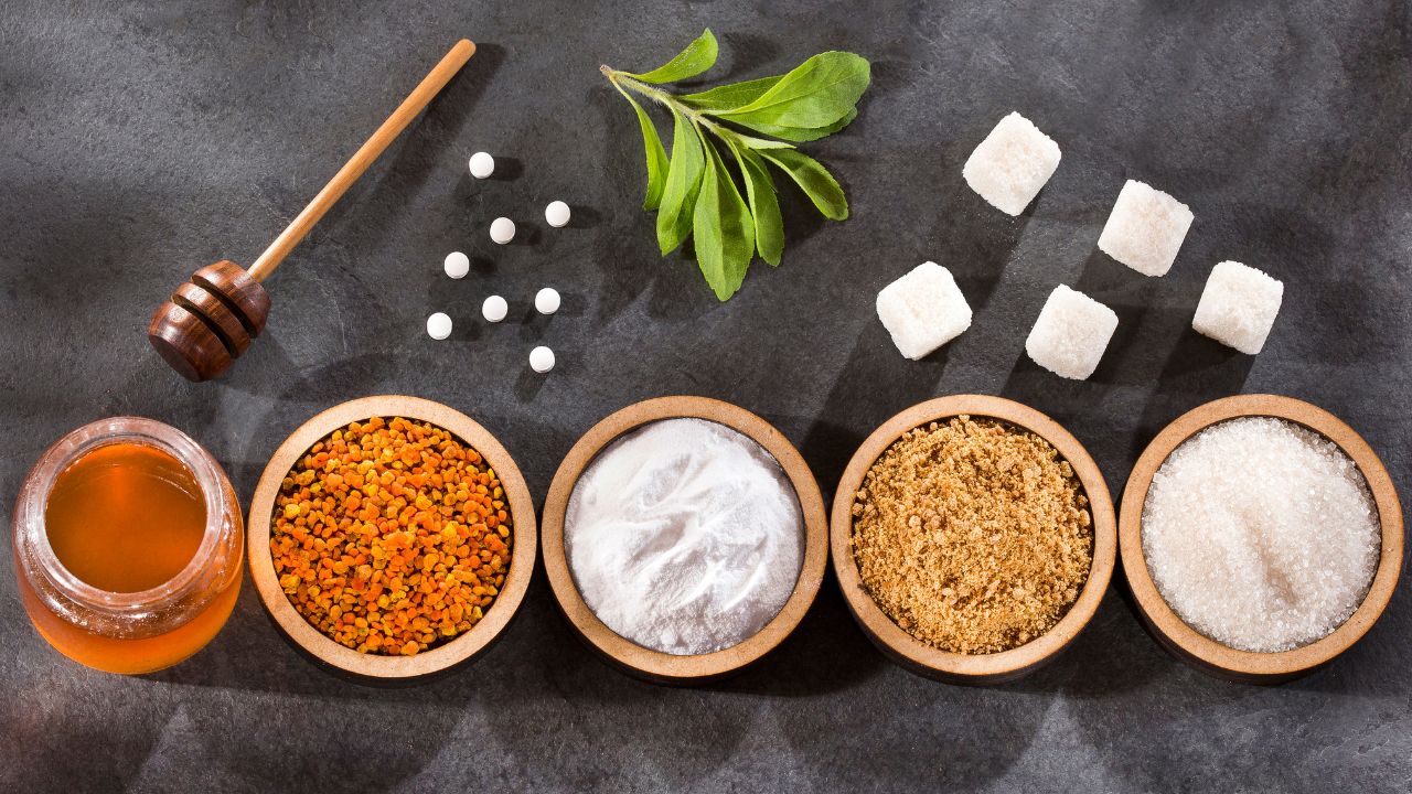 Natural sweeteners comparison including honey, bee pollen, stevia, brown sugar and white sugar in wooden bowls