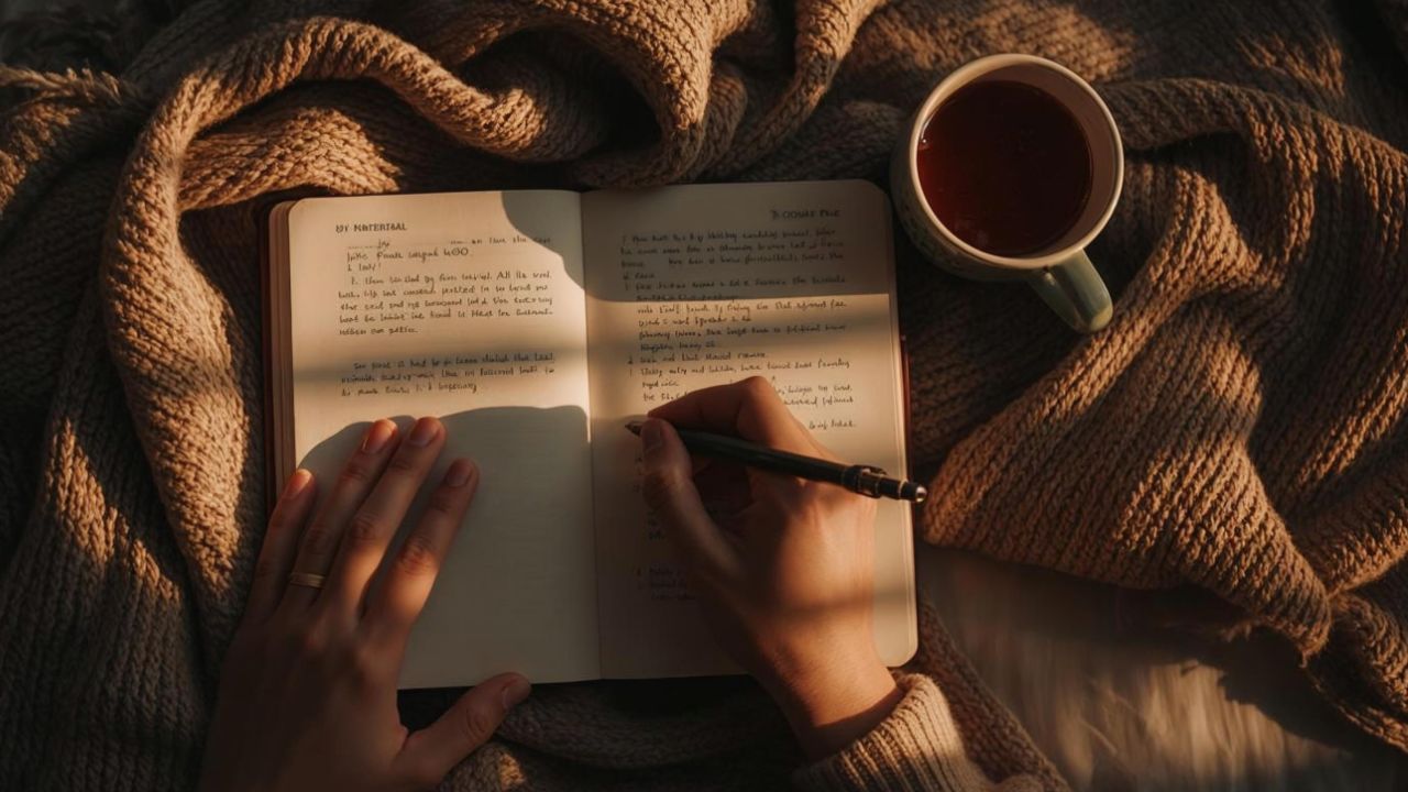 Person journaling with herbal tea during a kidney cleanse routine - tracking wellness progress over time