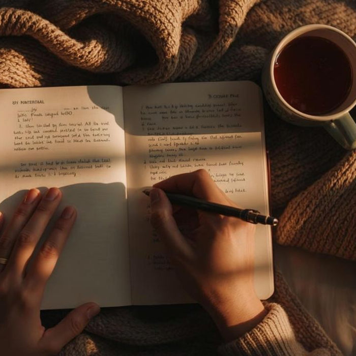 Person journaling with herbal tea during a kidney cleanse routine - tracking wellness progress over time