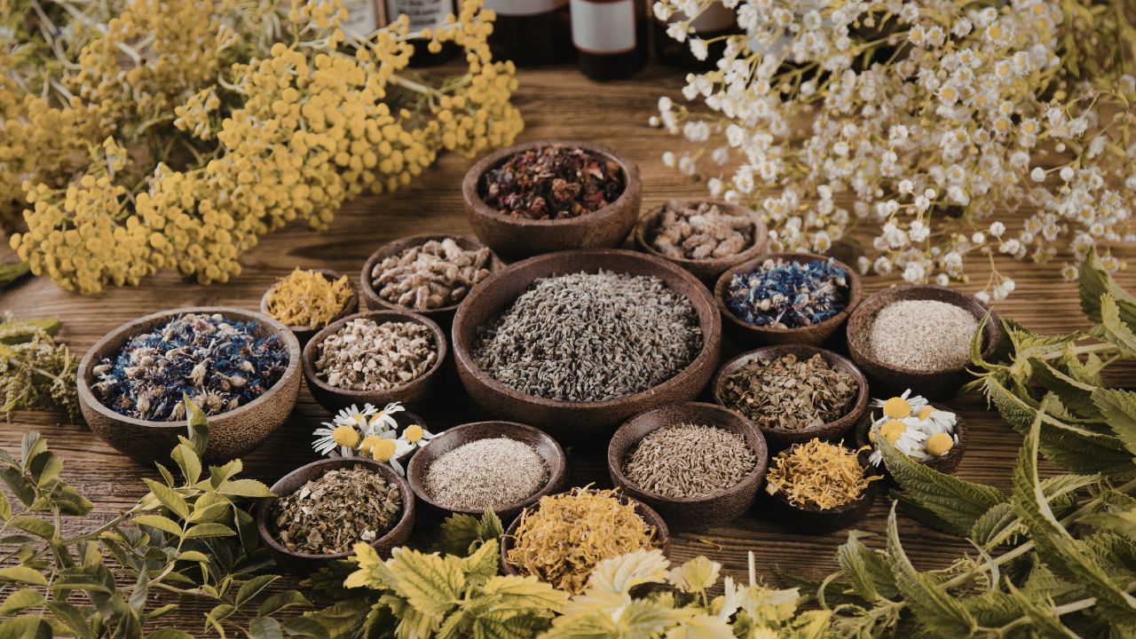 Dried kidney cleanse herbs including goldenrod, uva ursi, and marshmallow root for natural urinary support
