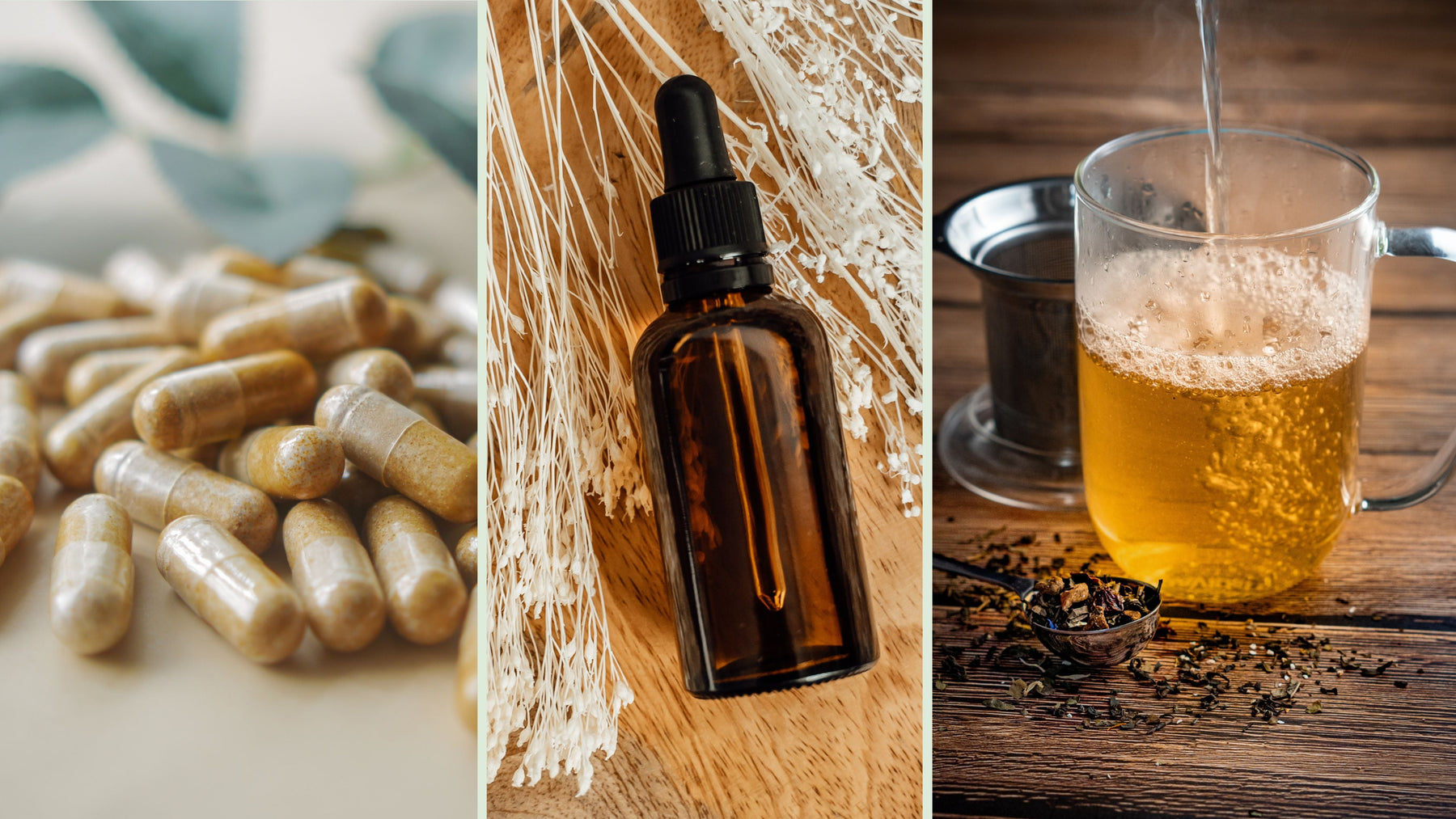 Herbal liver cleanse capsules, tincture drops bottle, and herbal tea side by side comparison