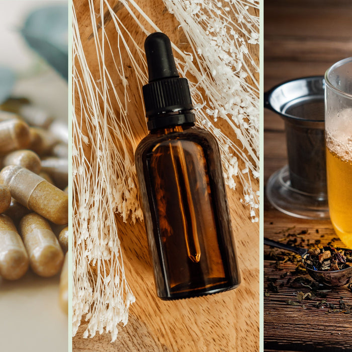 Herbal liver cleanse capsules, tincture drops bottle, and herbal tea side by side comparison