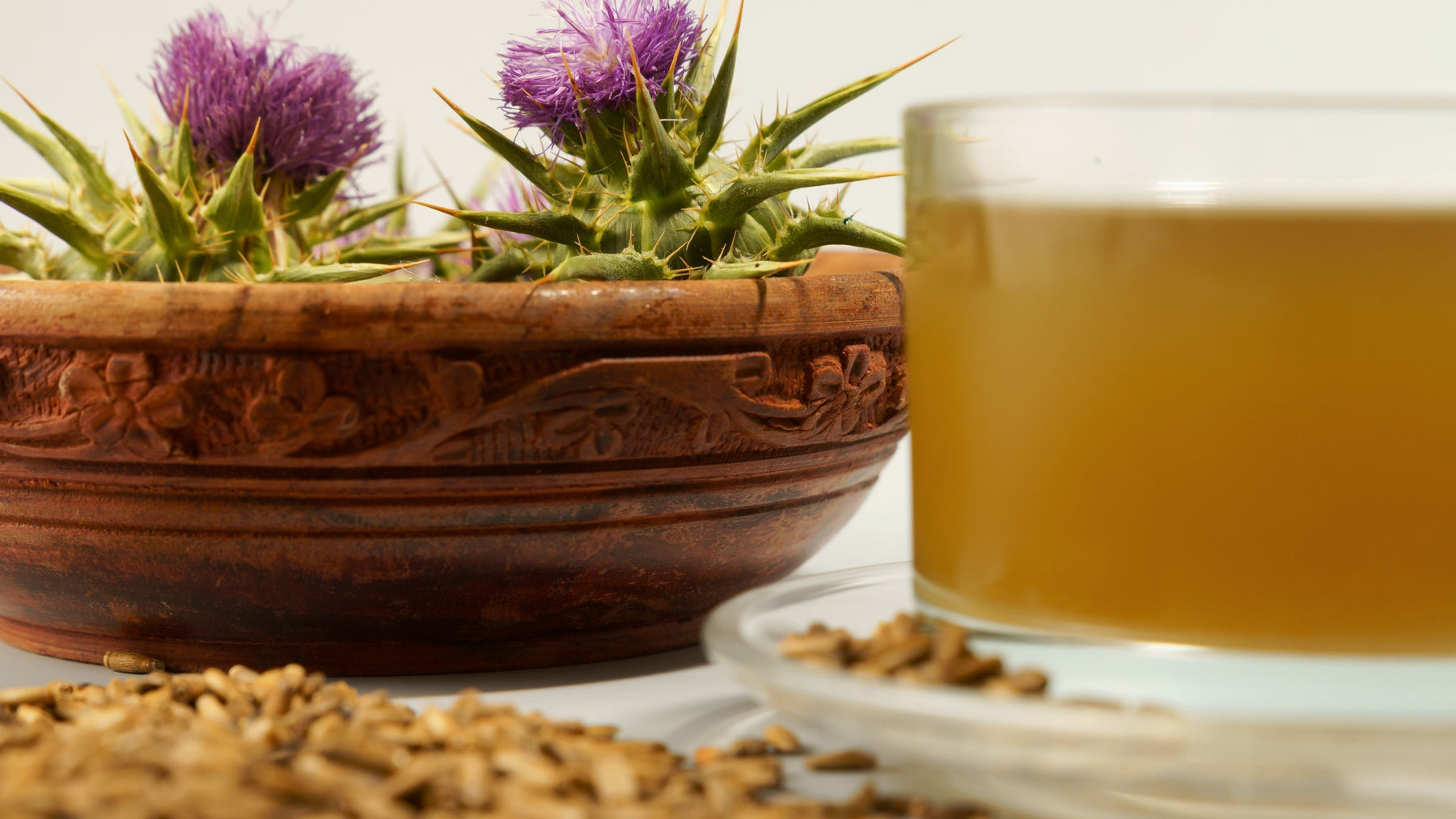 Milk thistle plant in clay bowl alongside herbal liver cleanse tea on wooden surface