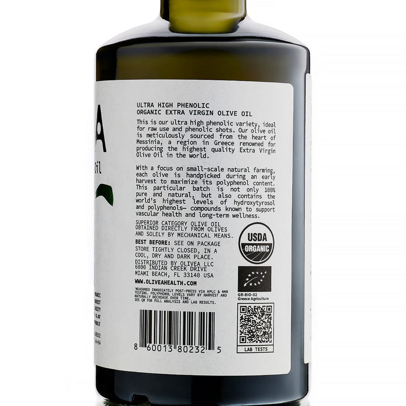 Ultra High Phenolic Extra Virgin Olive Oil 500 mL | USDA Organic 1,000+ mg/kg Polyphenols | Olivea