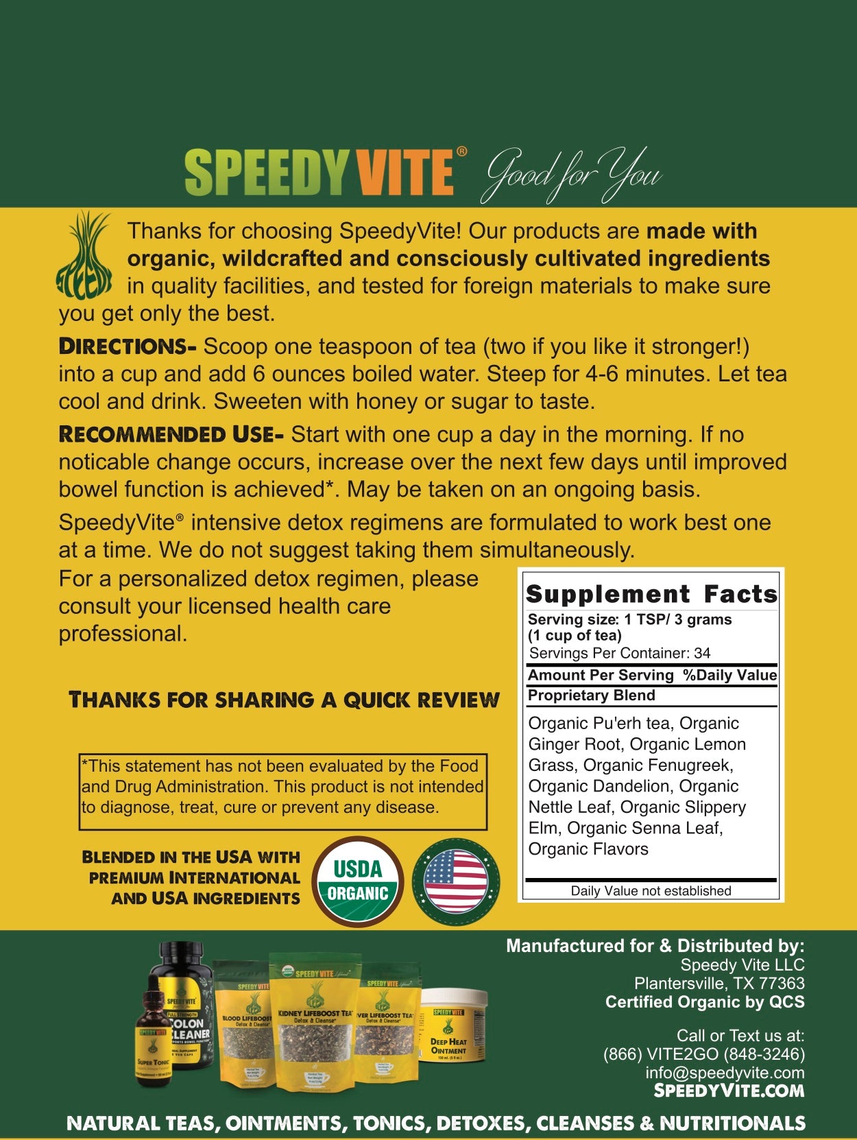 Colon Detox Tea supplement facts and directions