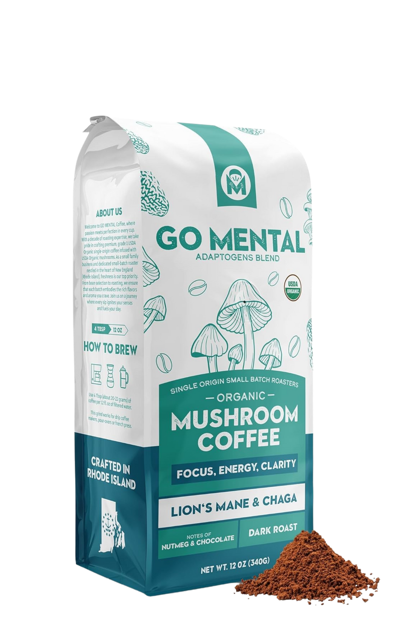 Lion's Mane + Chaga Mushroom Coffee 12 oz | USDA Organic Dark Roast | GO MENTAL