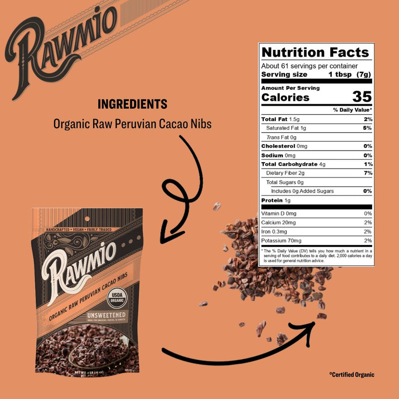 Raw Cacao Nibs 16 oz | USDA Organic Single-Origin Peru | RawMio