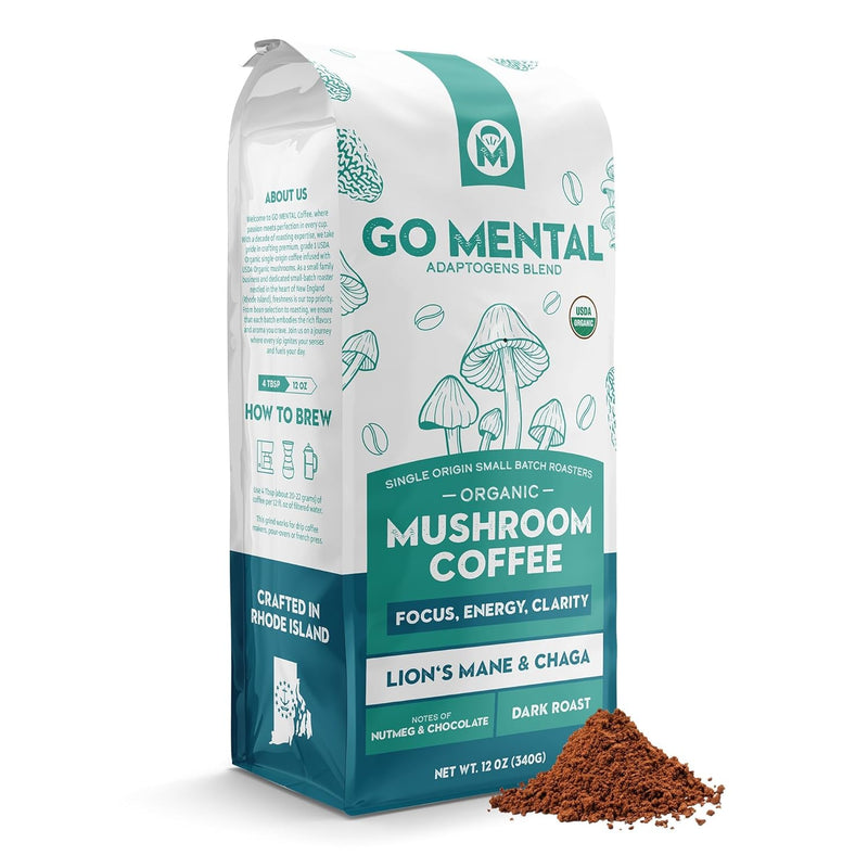 Lion's Mane + Chaga Mushroom Coffee 12 oz | USDA Organic Dark Roast | GO MENTAL