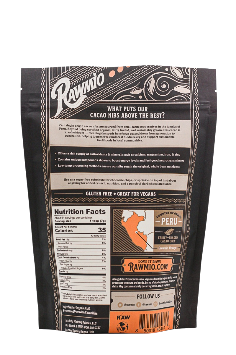 Raw Cacao Nibs 16 oz | USDA Organic Single-Origin Peru | RawMio