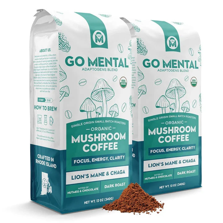 Lion's Mane + Chaga Mushroom Coffee 12 oz | USDA Organic Dark Roast | GO MENTAL