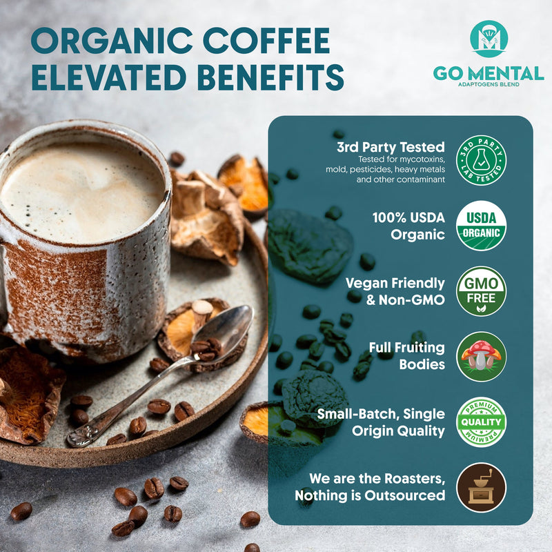 Lion's Mane + Chaga Mushroom Coffee 12 oz | USDA Organic Dark Roast | GO MENTAL