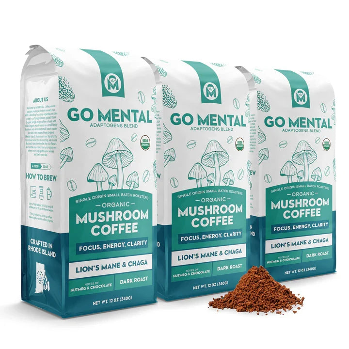 Lion's Mane + Chaga Mushroom Coffee 12 oz | USDA Organic Dark Roast | GO MENTAL