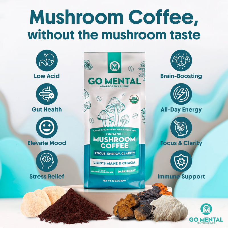 Lion's Mane + Chaga Mushroom Coffee 12 oz | USDA Organic Dark Roast | GO MENTAL
