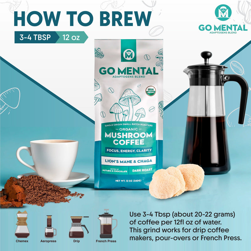 Lion's Mane + Chaga Mushroom Coffee 12 oz | USDA Organic Dark Roast | GO MENTAL