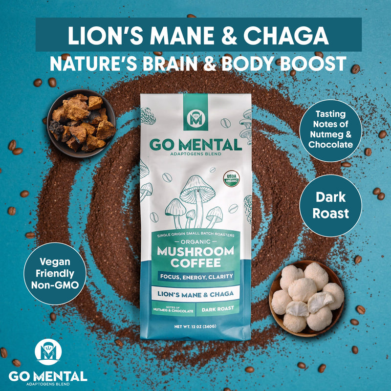 Lion's Mane + Chaga Mushroom Coffee 12 oz | USDA Organic Dark Roast | GO MENTAL