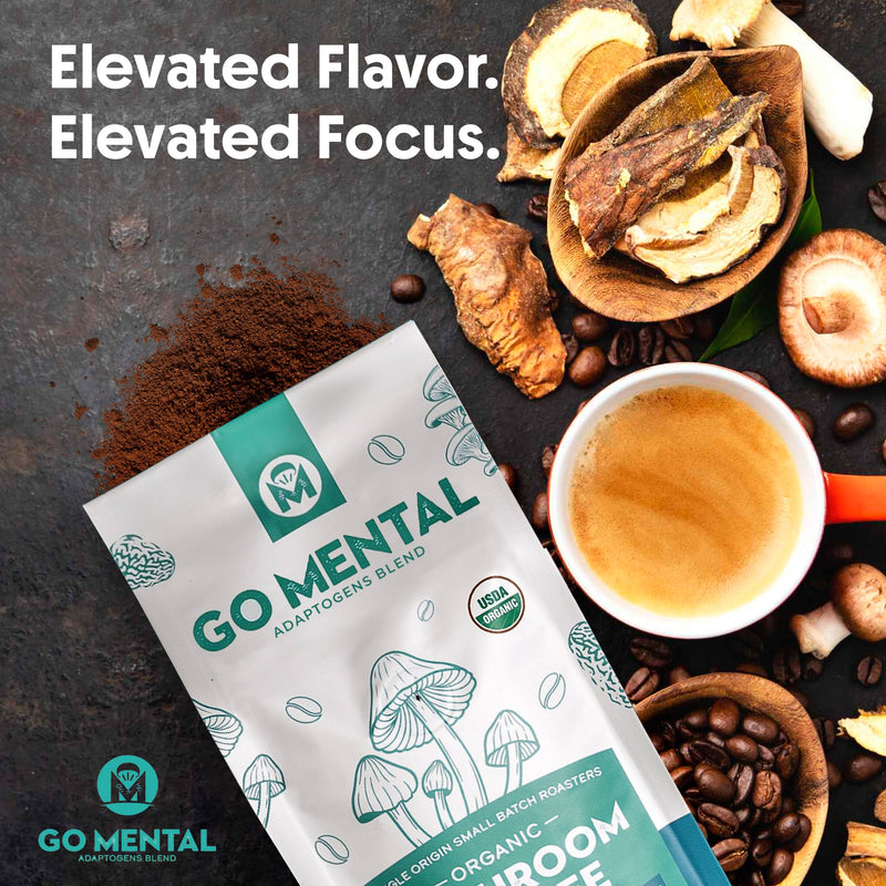 Lion's Mane + Chaga Mushroom Coffee 12 oz | USDA Organic Dark Roast | GO MENTAL