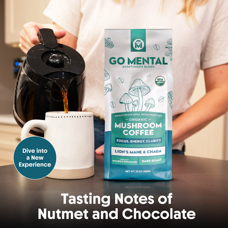 Lion's Mane + Chaga Mushroom Coffee 12 oz | USDA Organic Dark Roast | GO MENTAL