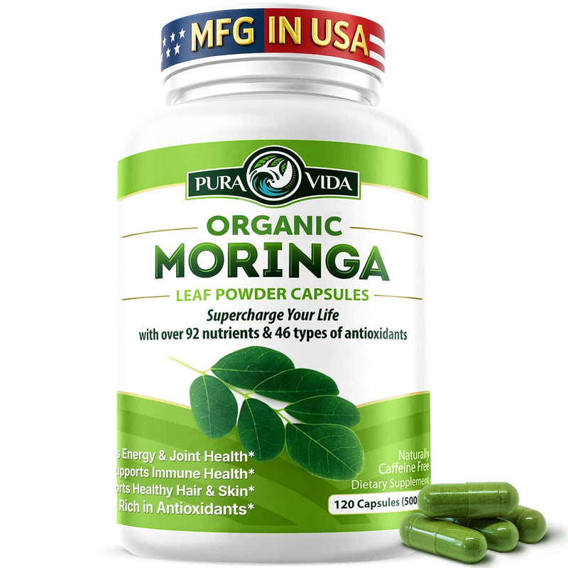 Moringa Capsules 120 Count | USDA Organic 500 mg | Pura Vida Moringa
