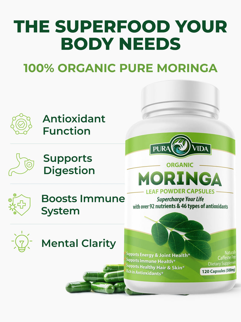 Moringa Capsules 120 Count | USDA Organic 500 mg | Pura Vida Moringa
