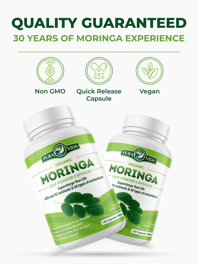 Moringa Capsules 120 Count | USDA Organic 500 mg | Pura Vida Moringa