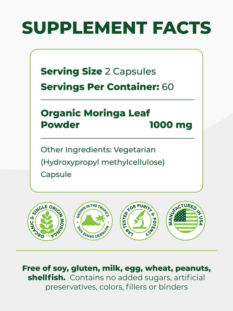 Moringa Capsules 120 Count | USDA Organic 500 mg | Pura Vida Moringa