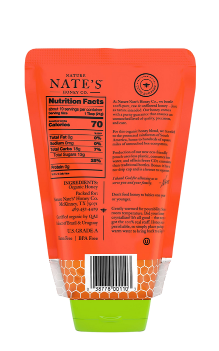 USDA Organic Raw And Unfiltered  Honey Pouch, 14oz Nature Nate's, FREE SHIPPING