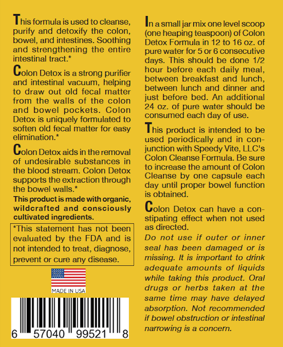 Label panel with directions and warnings — Colon Detox Powder